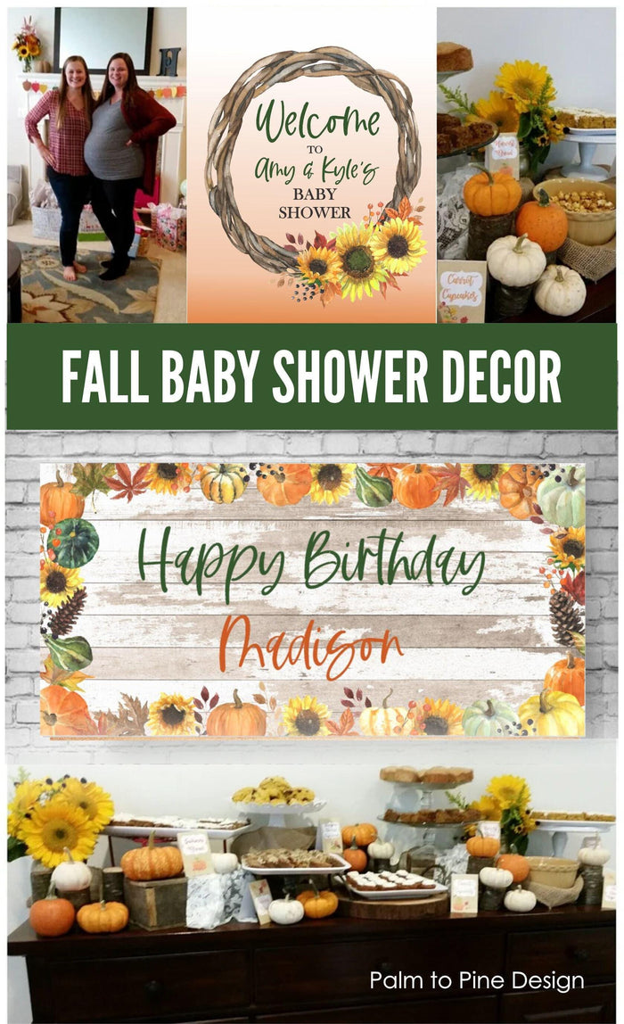 Fall themed baby shower decorations with a welcome sign that says 'Welcome to (name) Baby Shower', a wooden sign that says 'Happy Birthday (name)', and a table with a variety of fall-themed treats and decorations.