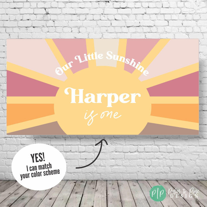 girls little sunshine first birthday banner in boho neutral colors