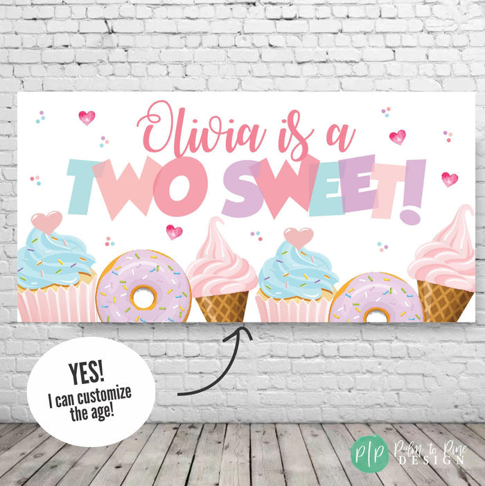 Two Sweet Birthday Backdrop in pastel color scheme with donuts, cupcakes and ice cream