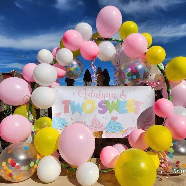 Two Sweet Birthday Banner with balloon arch