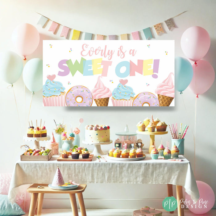 custom sweet one birthday party. pastel colors with ice cream, cupcake and donut clipart.