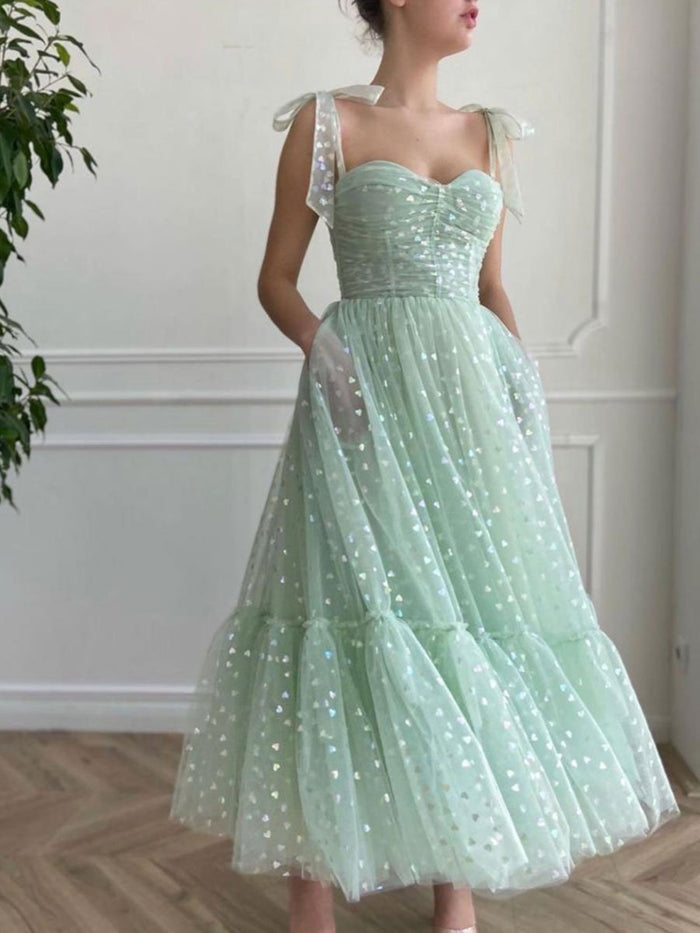 Sweetheart Neck Ankle Length Green Prom Dresses, Ankle Length Green Formal Evening Dresses