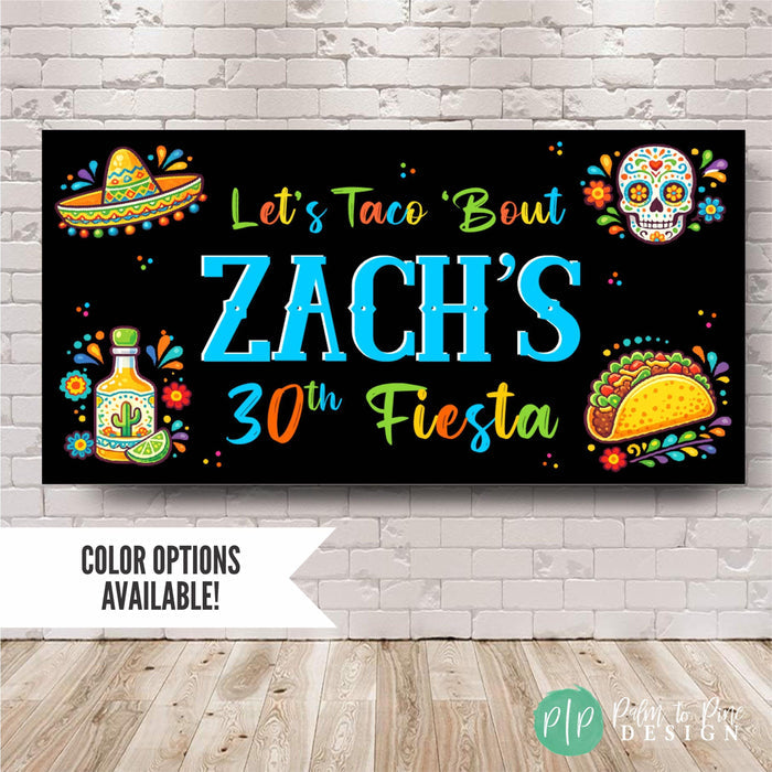Fiesta birthday banner with sugar skull and taco design