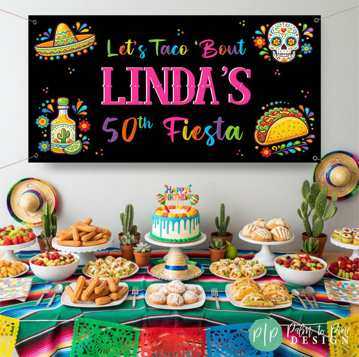 Fiesta birthday banner displayed behind a dessert table
