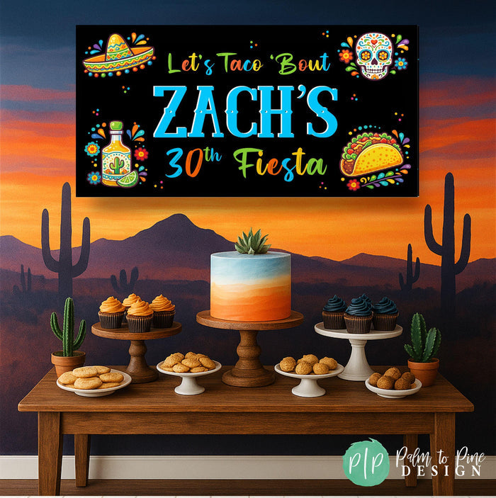 Birthday fiesta banner hanging behind dessert party display