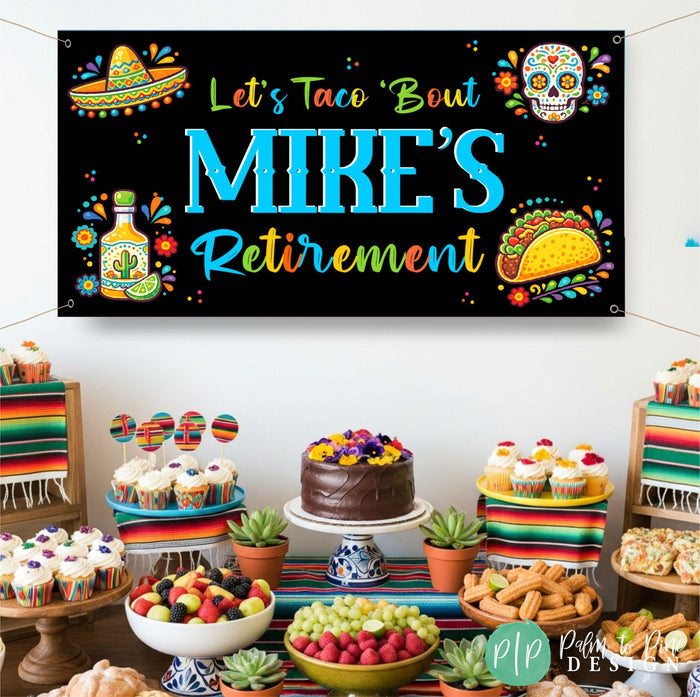 Colorful fiesta birthday banner behind sweets and treats