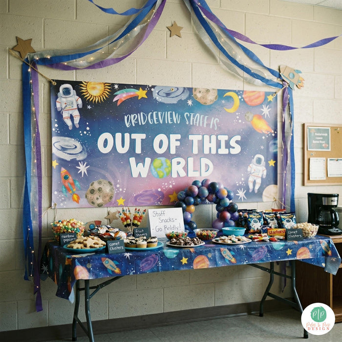 Out of This World Teacher Appreciation Week banner and dessert table with space theme