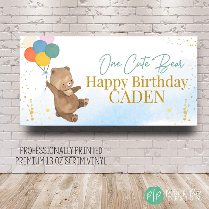 One Cute Bear Birthday Backdrop with light blue background and custom personalization