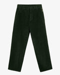 A front view of The CÔTELÉ Corduroy Straight Pants in forest green, laid flat on a white background. The image highlights the flat front design, straight leg, belt loops, and the contrast c'est normal logo stitching at the left hip.