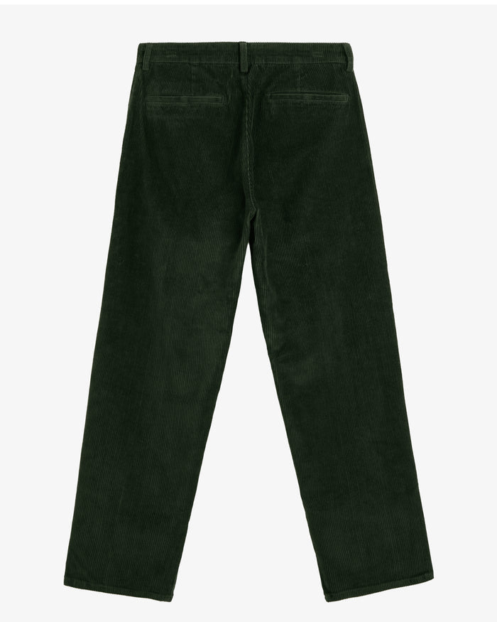 A back view of The CÔTELÉ Corduroy Straight Pants in forest green, laid flat on a white background. The image highlights the straight leg fit, belt loops, and two rear pockets.