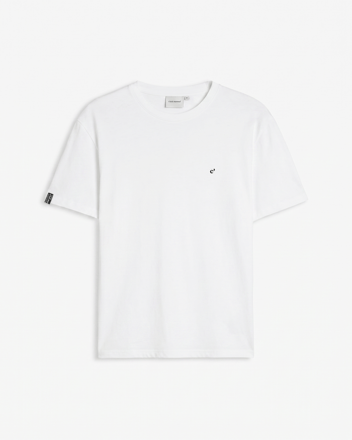 The Forever T-shirt in white — front view featuring a small black logo on the chest