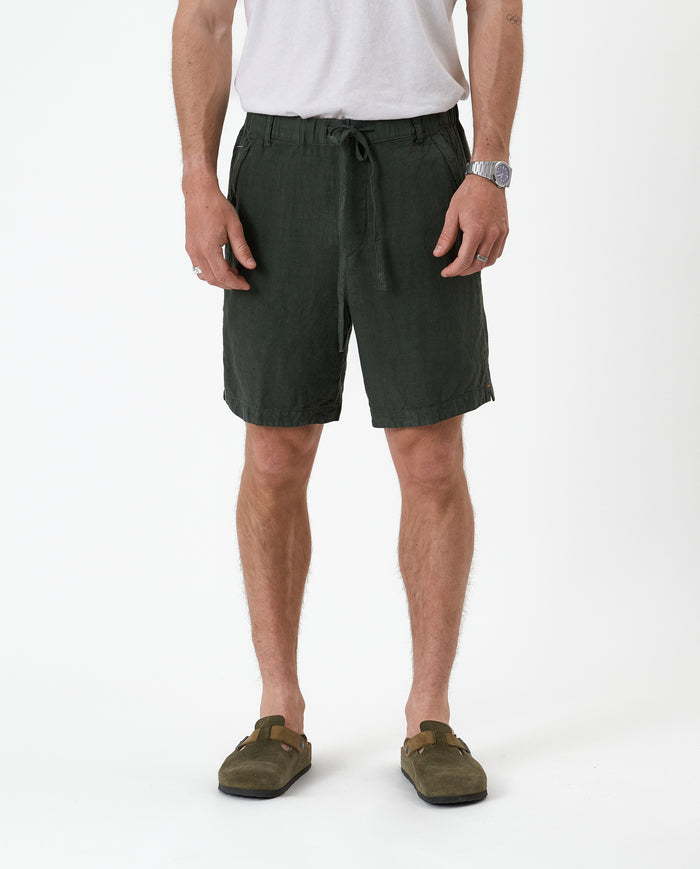 The Holiday Linen Short in dark khaki — front view with drawstring waist