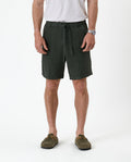 The Holiday Linen Short in dark khaki — front view with drawstring waist