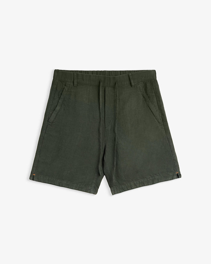 The Holiday Linen Short in dark khaki — front view against a white background