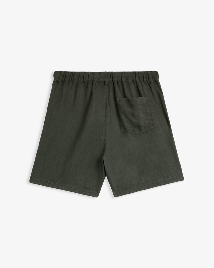 The Holiday Linen Short in dark khaki — back view against a white background