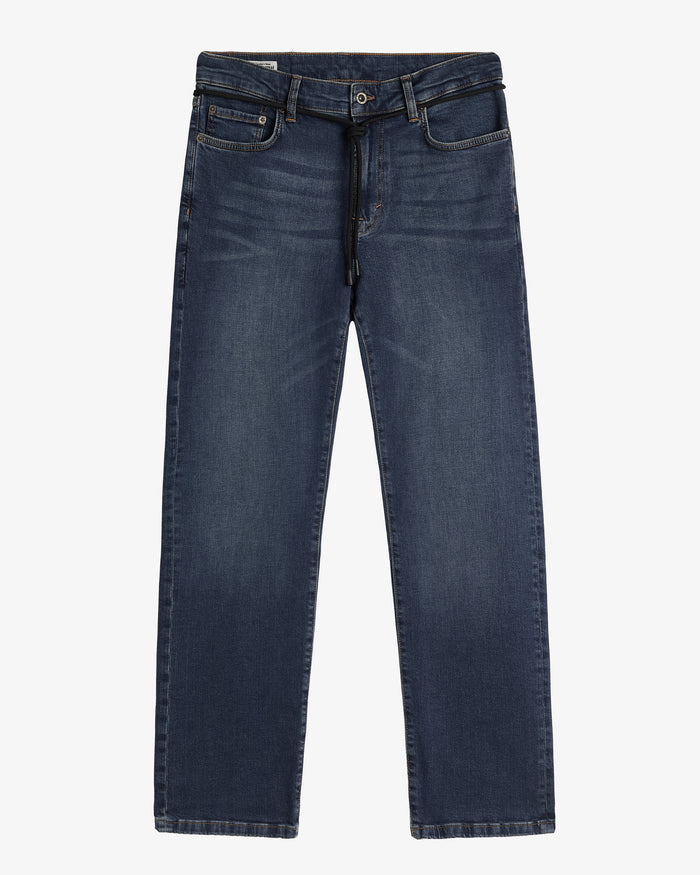 The Jeans Classic Straight Fit in mid wash blue — featuring a black drawstring waist