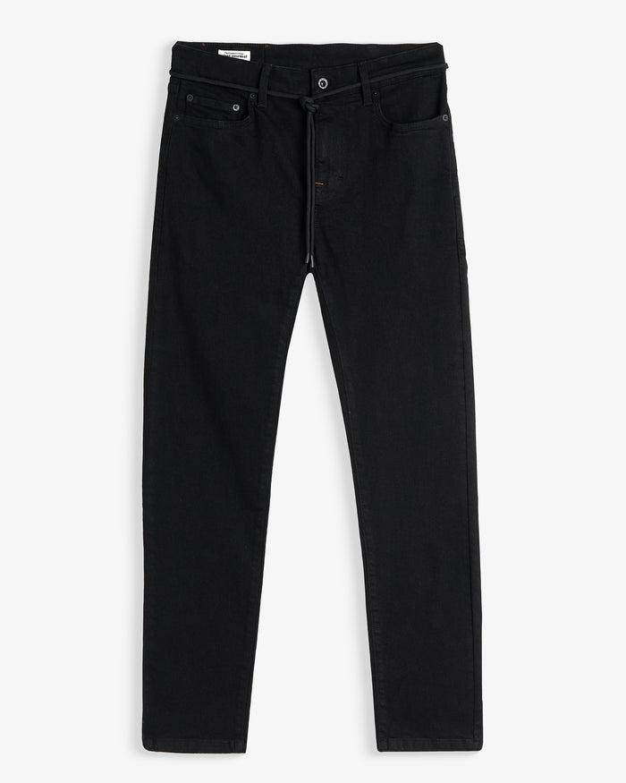 A front view of The Jeans Skinny Fit by c'est normal in Jet Black, laid flat on a white background. The image highlights the button closure, front pockets, and the front drawstring at the waist.