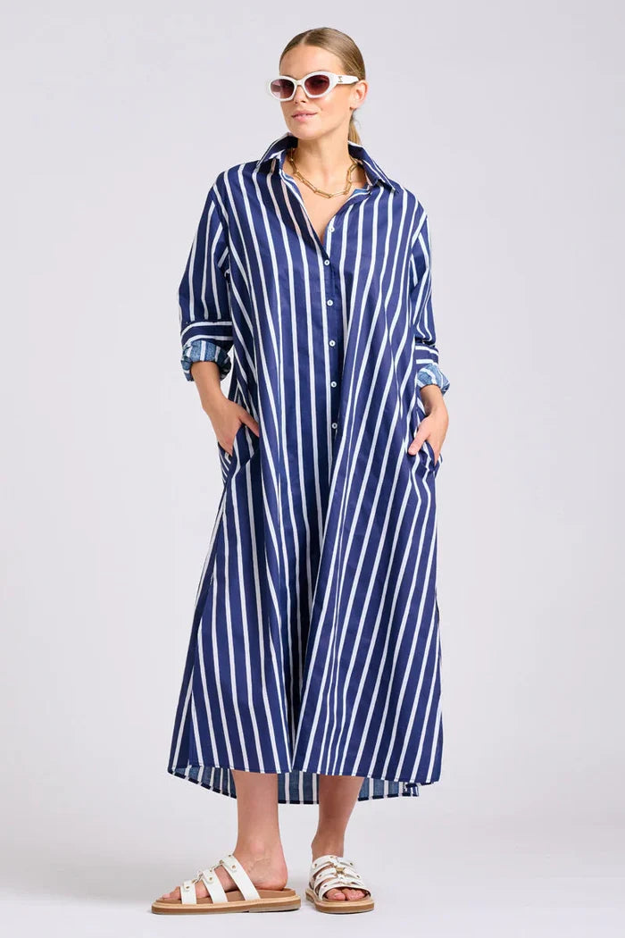 The Luna Oversized Long Line Shirt Dress - Navy Thick Stripe
