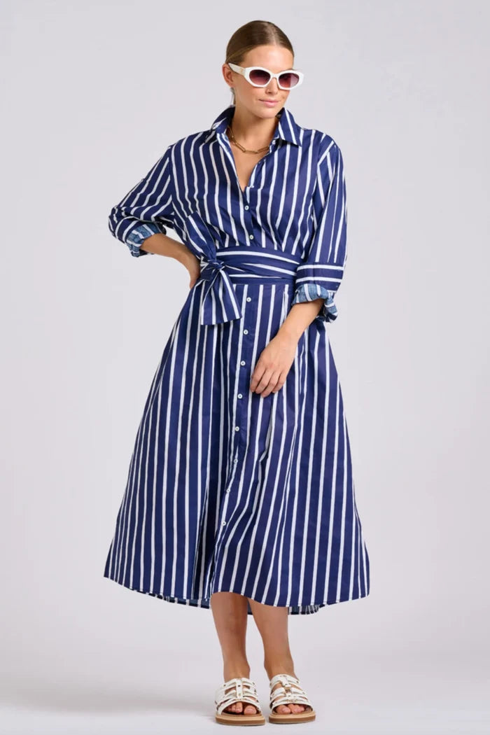 The Luna Oversized Long Line Shirt Dress - Navy Thick Stripe