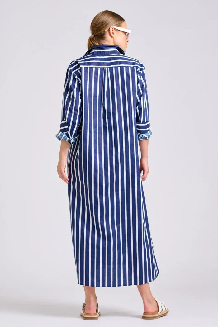 The Luna Oversized Long Line Shirt Dress - Navy Thick Stripe