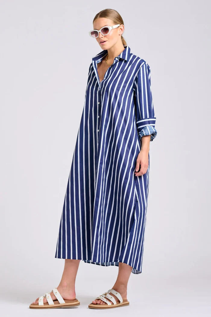 The Luna Oversized Long Line Shirt Dress - Navy Thick Stripe