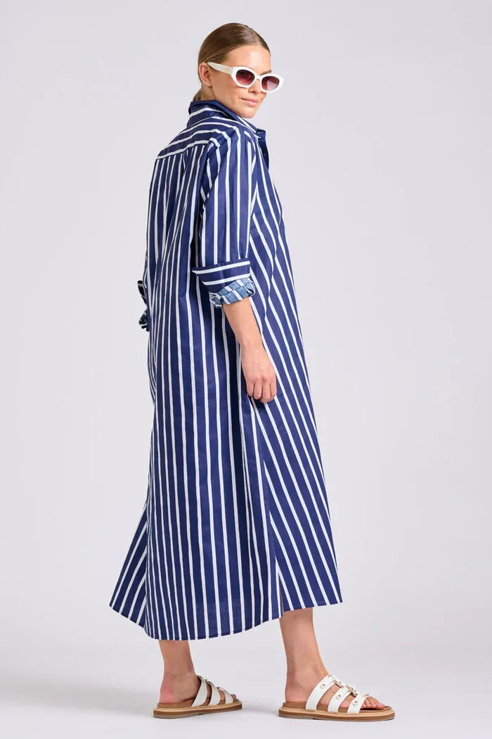 The Luna Oversized Long Line Shirt Dress - Navy Thick Stripe