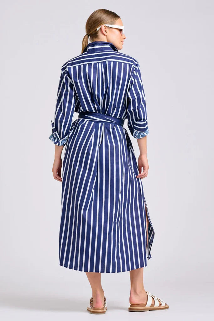 The Luna Oversized Long Line Shirt Dress - Navy Thick Stripe