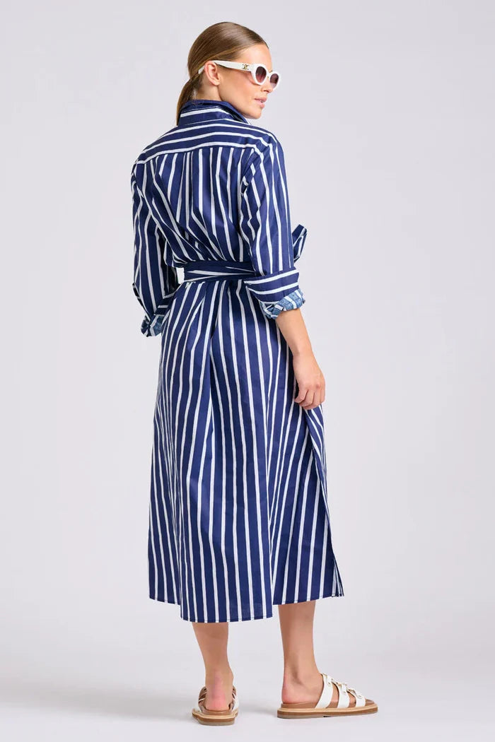 The Luna Oversized Long Line Shirt Dress - Navy Thick Stripe
