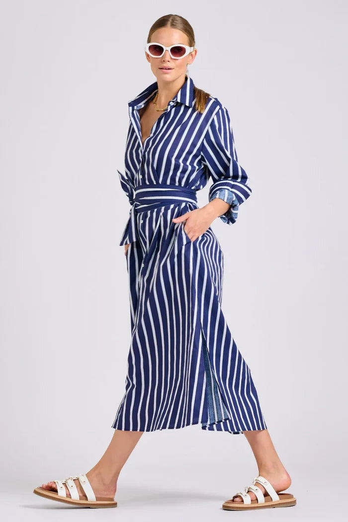 The Luna Oversized Long Line Shirt Dress - Navy Thick Stripe