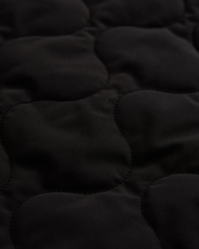 A close-up shot of the black fabric of The Quilted Overshirt, highlighting its signature wave quilting and smooth texture.