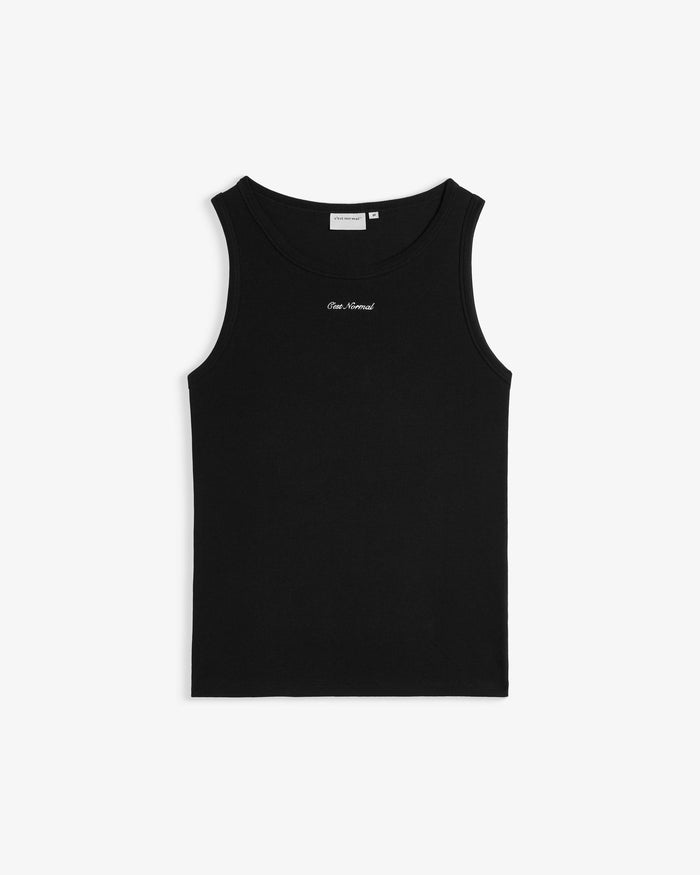 The Ribbed Tank Top in black — front view showing the white C'est normal logo