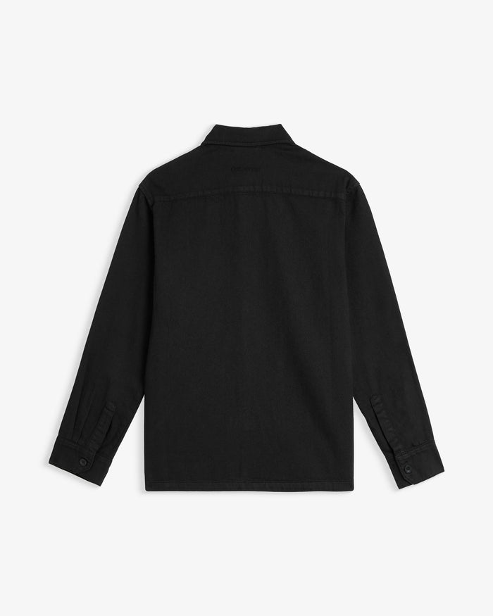 The Workwear Overshirt in black — back view with tone-on-tone branding