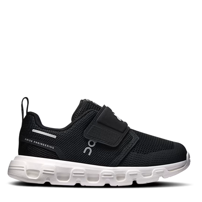 A black On Cloudrunner slip-on sneaker with a hook-and-loop strap closure and a chunky white sole, shown from the side against a plain white background.