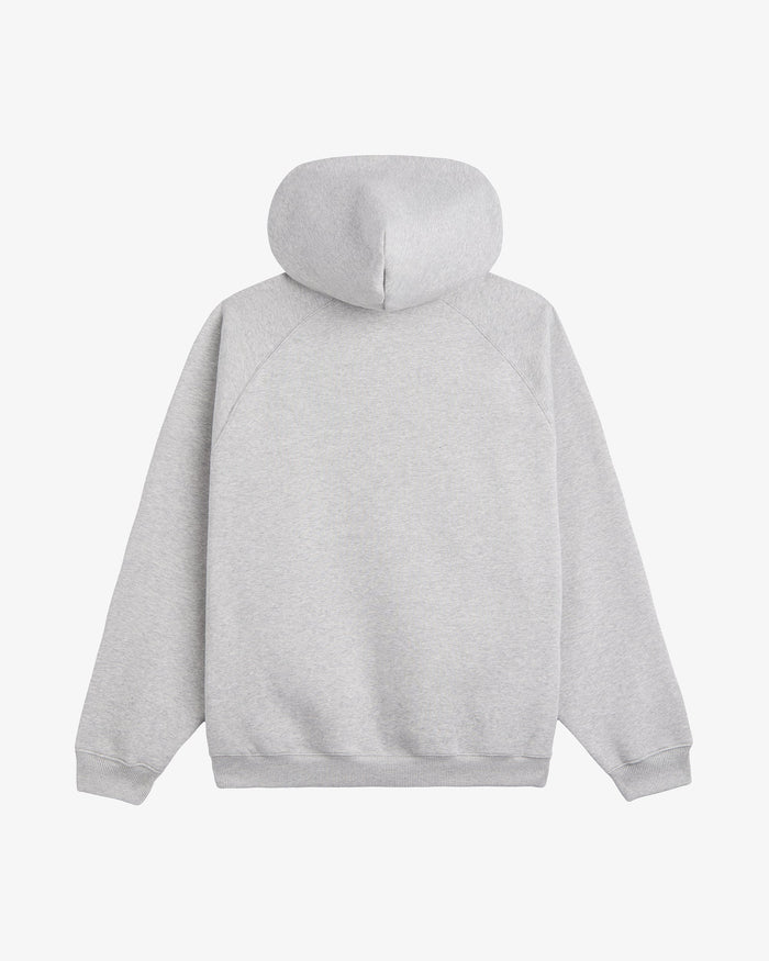 A back view of the Tonal Oversized Hoodie in grey melange, laid flat on a white background. The image highlights the hood, oversized fit, and ribbed cuffs and hem.