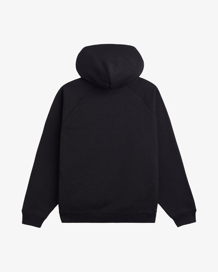 A back view of the Tonal Oversized Hoodie in black, laid flat on a white background. The image highlights the spacious hood and the ribbed hem and cuffs.