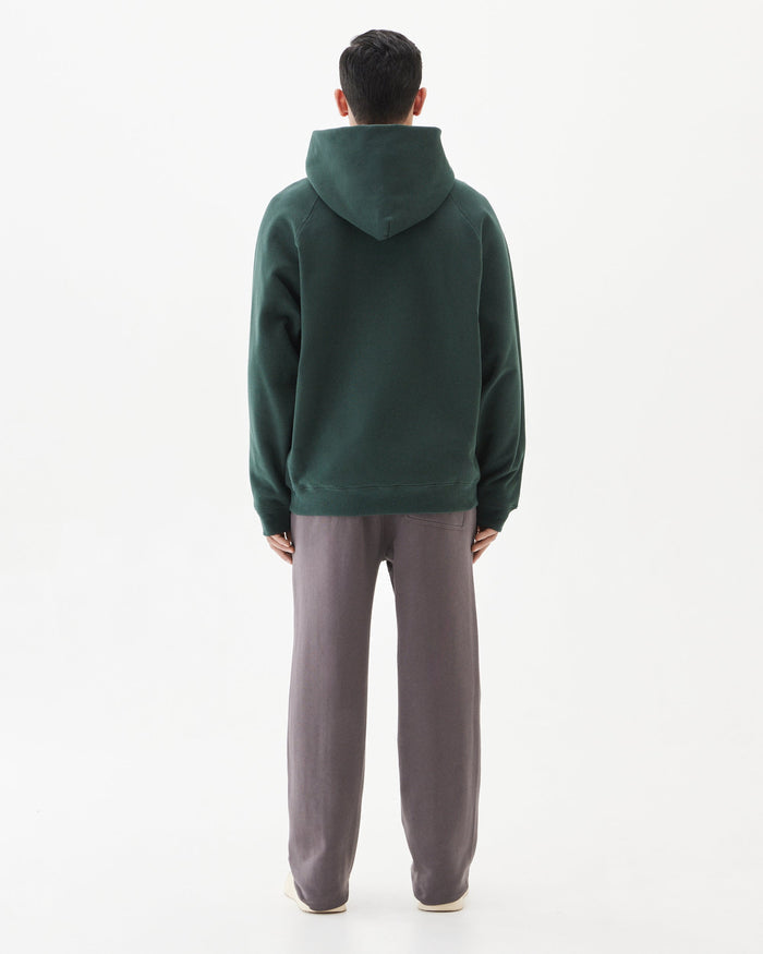 A back view of a person wearing the Tonal Oversized Hoodie in pine, standing against a white background.