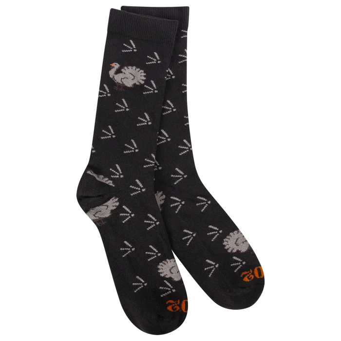 A pair of men's socks with a novelty design featuring various geometric shapes and a character on a black background.