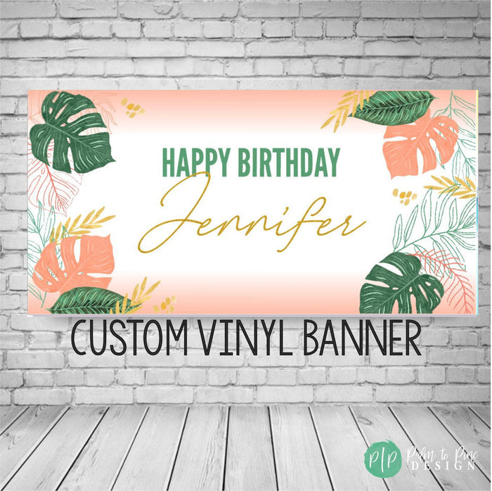 Tropical Palm leaf birthday banner for adults with modern gold font