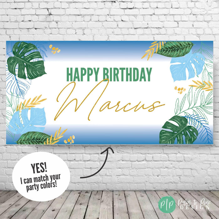 tropical luau birthday banner for boys or baby shower with modern palm leaf and blue design
