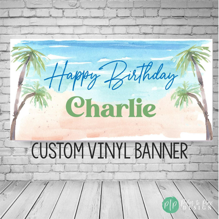 Customizable birthday banner with a tropical island theme, featuring Happy Birthday [Name] in cursive and bold lettering
