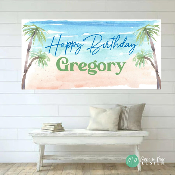 Tropical birthday party banner with palm leaves, beach background, and personalized message: Happy Birthday
