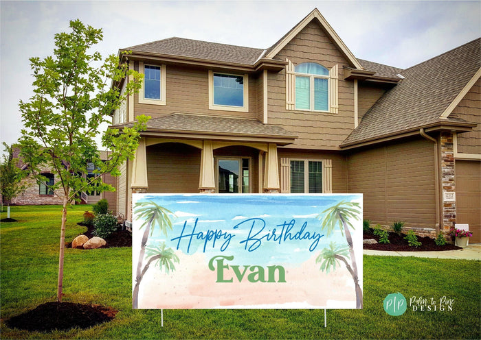 Custom beach themed banner featuring a tropical scene, and palm trees with the text Happy Birthday and name