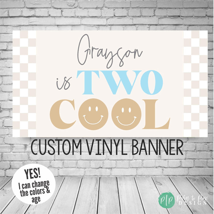 retro checkered two cool birthday banner with smiley faces