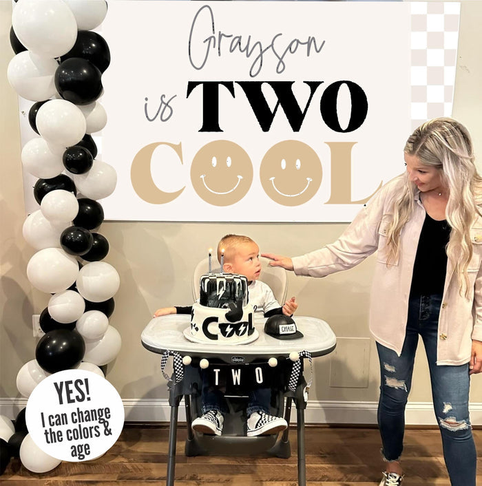retro checkered two cool birthday banner with smiley faces and balloon garland