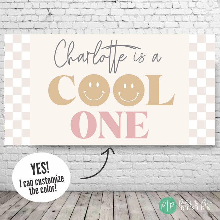 Girls cool one birthday banner with retro smiley faces and beige checkered background