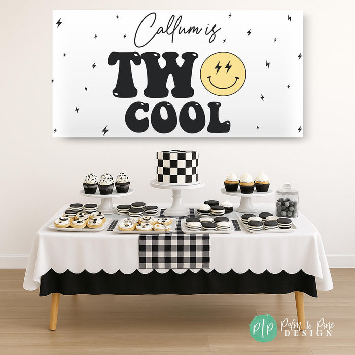 retro groovy two cool birthday banner with smiley face and lightning bolts