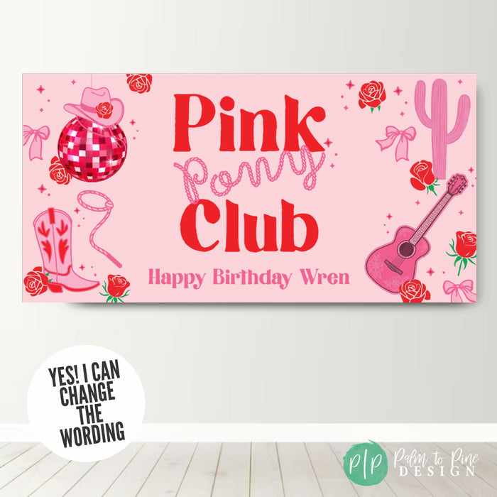 Pink Pony Club Birthday Banner with cowgirl country western theme