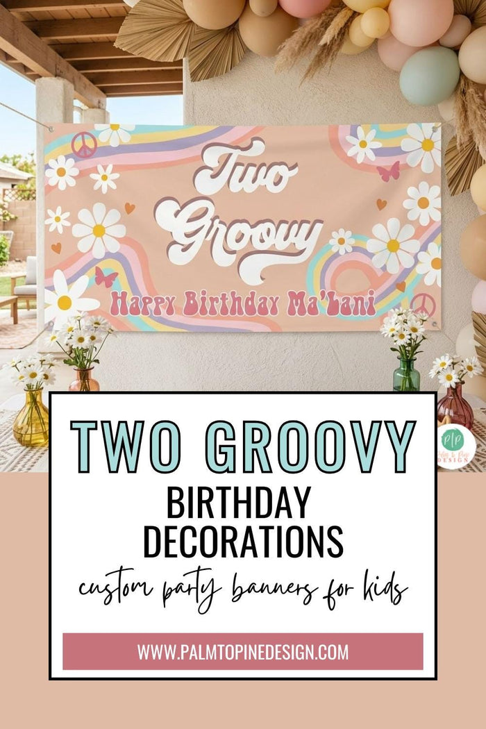 Custom "Two Groovy" personalized vinyl banner for a girl's 2nd birthday backdrop. Styled in a 70s hippie daisy theme with "Happy Birthday Ma'Lani," displayed outdoors on a patio with boho floral arrangements.