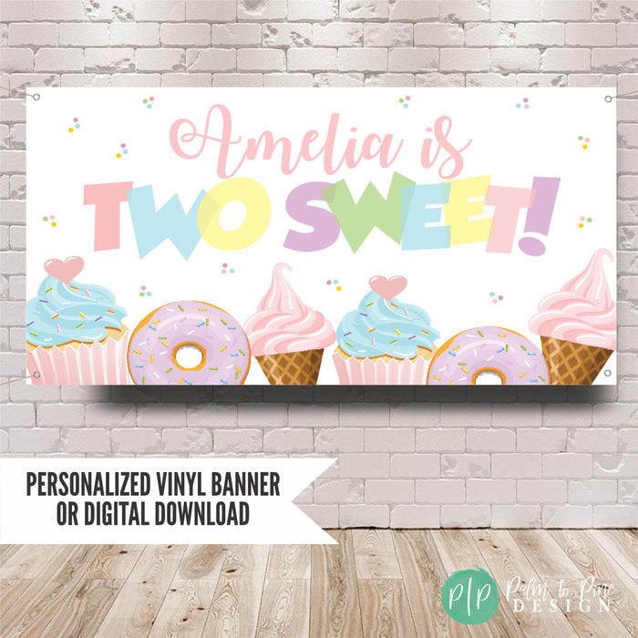 Two Sweet Girls birthday banner in pastel colors with cupcakes, donuts and ice cream