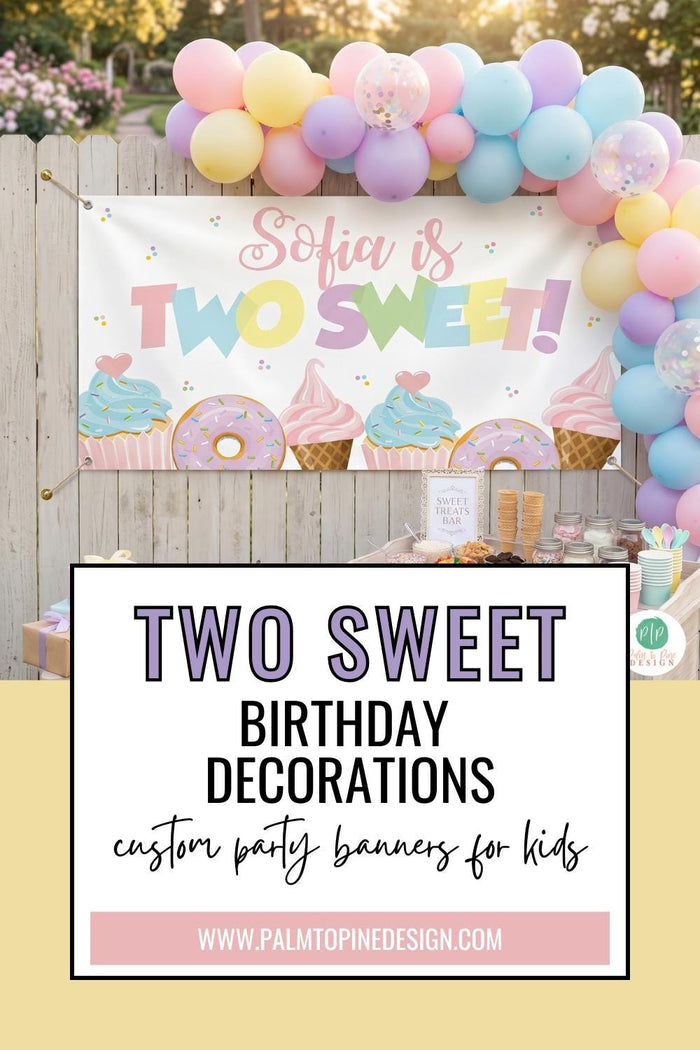 Personalized vinyl banner for a "Two Sweet" 2nd birthday party. The design features pastel cupcakes and donuts with the text "Sofia is TWO SWEET!" hung with grommets on a wooden fence behind a dessert bar with a pastel balloon arch.